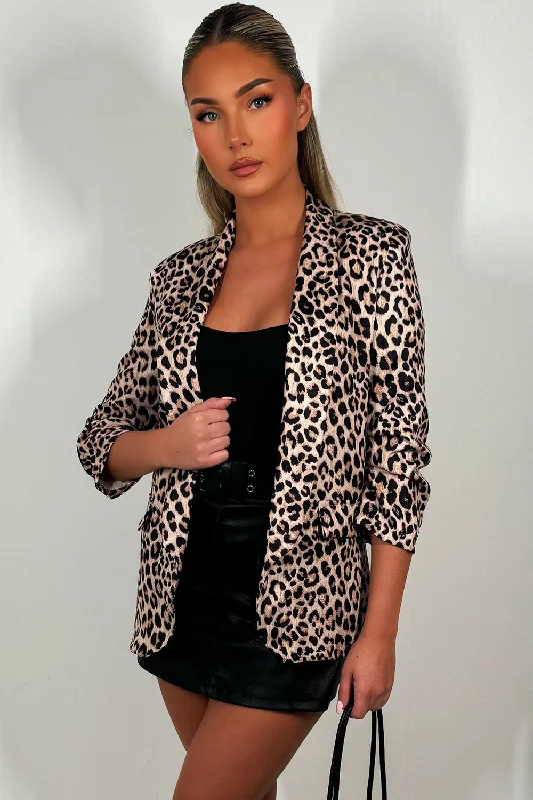 Bargain Bin Leopard Print Ruched Sleeve Blazer